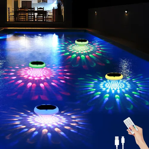 Miniatura 12 de Luces solares para piscina (1 unidad), 2600 mAh USB recargables luces flotantes flotantes de 6.7 pulgadas IP68 impermeable con control remoto, RGB