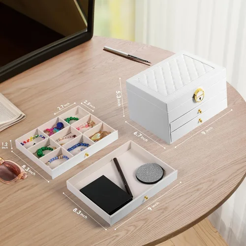 Miniatura 7 de Joyero de 3 capas, organizador de joyas con cajón organizador de joyas, grandes cajas de joyería y organizador con organizador de aretes
