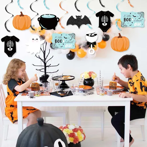 Miniatura 5 de K KUMEED Decoraciones de Halloween para baby shower, 20 piezas Blue A Little Boo is Almost Due Colgantes de remolinos para niños, decoración