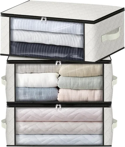 Miniatura 12 de HomeHacks Paquete de 3 bolsas organizadoras de ropa, caja de almacenamiento plegable con gran ventana transparente y asas resistentes para armario
