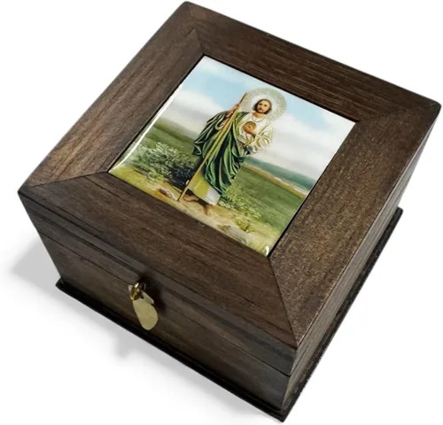 Gigi's Classy Kids Caja cuadrada de madera de San Judas, regalo religioso, rosario, baratija, recuerdo, caja de madera San Judas (pequeña (2 3/4 x 2