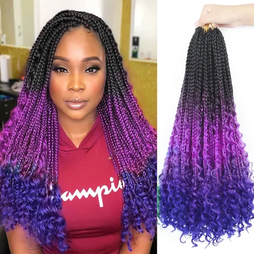 Miniatura 115 de Goddess Box Braids - Trenzas de cabello a ganchillo con extremos rizados, trenzas de caja bohemianas de 16 pulgadas, trenzas de ganchillo, 8 1B-4-30