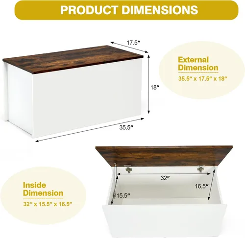 Miniatura 5 de Costzon Baúl de almacenamiento de juguetes, banco de almacenamiento de madera, baúl otomano con tapa abatible, organizador de gabinete de juguetes