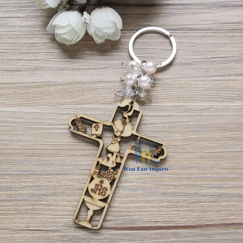 Miniatura 6 de 12 piezas de llavero de madera de primera comunión para regalo de niña para invitados Recuerdos para Primera Comunión con bolsas de regalo