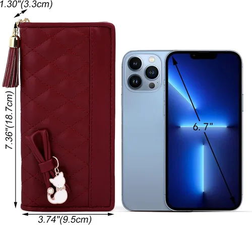 Miniatura 6 de UTO Cartera de piel sintética para mujer, de gran capacidad, colgante de gato, soporte para teléfono, organizador de chequera, con cremallera
