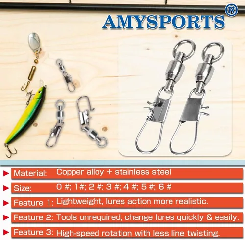Miniatura 2 de AMYSPORTS - Giras de pesca con broche de enganche de seguridad, rodamientos de bolas, broches giratorios de pesca, aparejos de pesca para agua