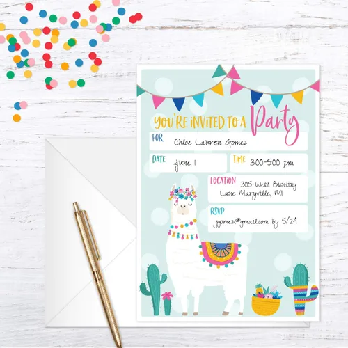 Miniatura 5 de Canopy Street Invitación de fiesta de relleno de llama, 25 invitaciones y sobres de cumpleaños de fiesta de llama, invitación de alpaca plana de 5 x