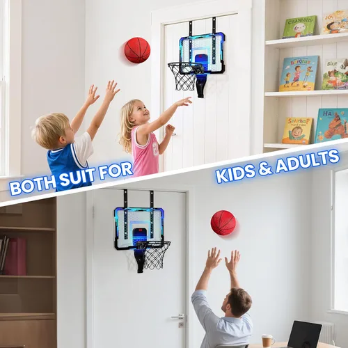 Miniatura 9 de QDRAGON Aro de baloncesto para interiores para niños, mini aros de baloncesto sobre la puerta con 7 luces LED, juguetes de baloncesto, regalos