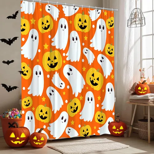 Miniatura 8 de Bonita cortina de ducha fantasma de Halloween, calabaza espeluznante, divertida tela de dibujos animados para decoración de baño, bañera con ganchos