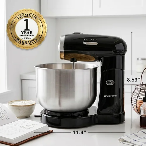 Miniatura 7 de OVENTE Batidora eléctrica de pie con cuenco de acero inoxidable de 3.5 cuartos de galón, mezclador de cocina portátil y ligero de 5 velocidades
