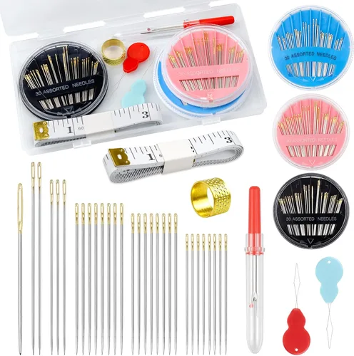 FIVEIZERO Juego de agujas de coser a mano premium, 90 agujas de bordar surtidas con enhebradores, cuchillo para quitar hilos, dedal, cinta métrica