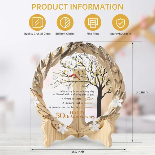 Miniatura 4 de 50 aniversario de boda, ideas de regalos únicos, placa de cristal con corona de hojas de oro, regalos de boda de 50 aniversario para padres
