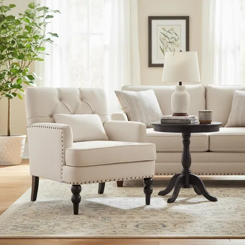 Miniatura 5 de HUIMO Silla de Club Acolchada, Silla de Acento con Almohada Lumbar, Sillón Tapizado con Botones, Sillas de Sofá de Tela de Lino para Dormitorio