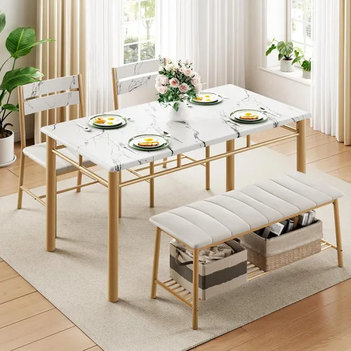 Miniatura 3 de Conjunto de mesa de comedor IRONCK para 4, mesa de cocina con banco tapizado y 2 sillas, juego de mesa y sillas de cocina para espacios pequeños