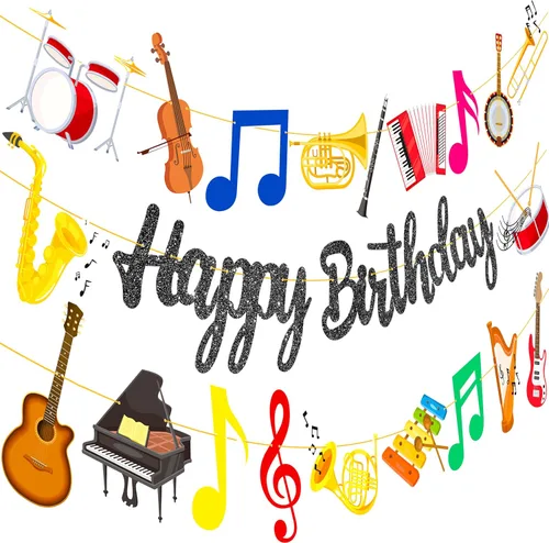 Cartel de fiesta de cumpleaños con purpurina negra para instrumentos musicales, guirnalda de instrumentos musicales para tema de músico, suministros