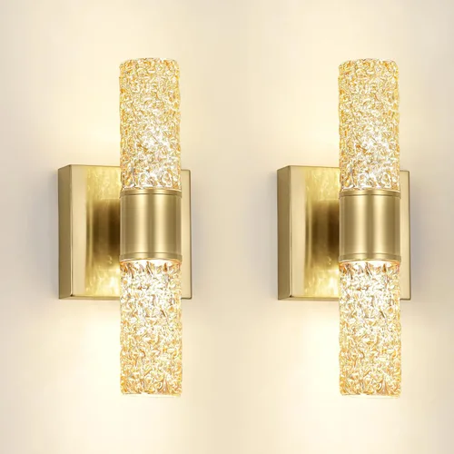Miniatura 14 de Juego de 2 apliques de pared LED de cristal, lámparas de baño de oro cepillado, modernas luces de baño con LED con cable para dormitorio, sala