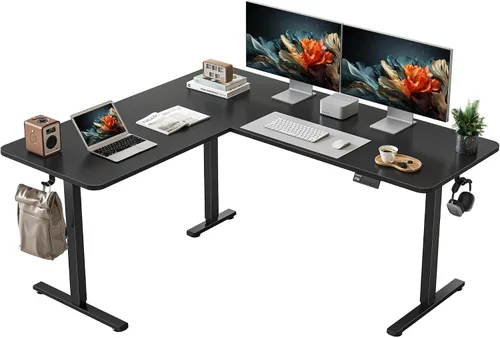 YIHAYO Escritorio de pie en forma de L de altura ajustable, escritorio eléctrico de esquina de 63 x 55 pulgadas con tablero de empalme, escritorio