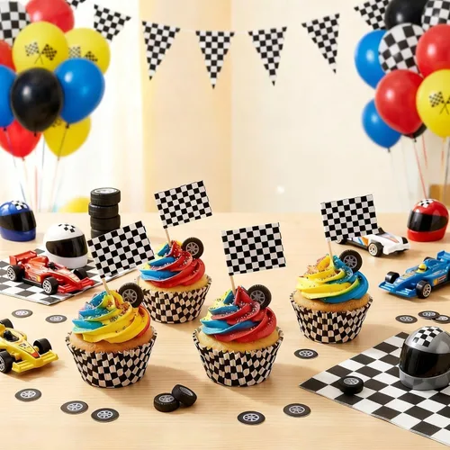 Miniatura 2 de TecUnite 100 piezas de banderas a cuadros de carreras para cupcakes y 100 piezas de decoración de cupcakes de carreras de coches de carreras