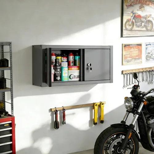 Miniatura 2 de JZD Armario de pared de metal con dos puertas con cerradura, baúl de pared de acero para cocina, almacén, hogar, oficina, garaje
