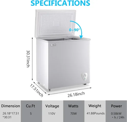Miniatura 2 de Congelador de Cofre 5.0 Pies Cúbicos Pequeño Congelador Profundo Blanco Puerta Superior Mini Congelador con Canasta Removible, Bajo Ruido, 7 5.0