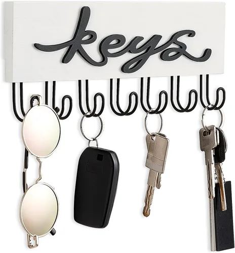 Miniatura 7 de Mkono Soporte para llaves de pared decorativo con 7 ganchos, organizador de llaves montado en la pared, ganchos para llaves colgantes de madera