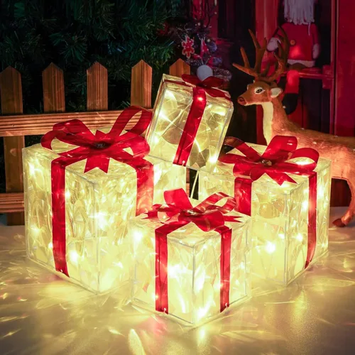 Miniatura 8 de COVFEVER Cajas de Regalo Iluminadas de Navidad, Juego de 4 Cajas de Regalo con Luces Preinstaladas, Juego de Cajas de Regalo Iluminadas que