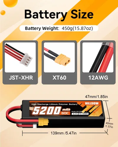 Miniatura 3 de Hilldow 11.1V 5200mAh Lipo Battery 3S 80C Hard Case RC Battery with XT60 Connector for RC Car Truck Boat Airplane Quadcopter Helicopter Racing Hobby