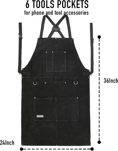 Miniatura 5 de LeaSeek Delantal de soldadura de cuero, resistente al calor y al fuego, con 6 bolsillos, delantal de taller de carpintería