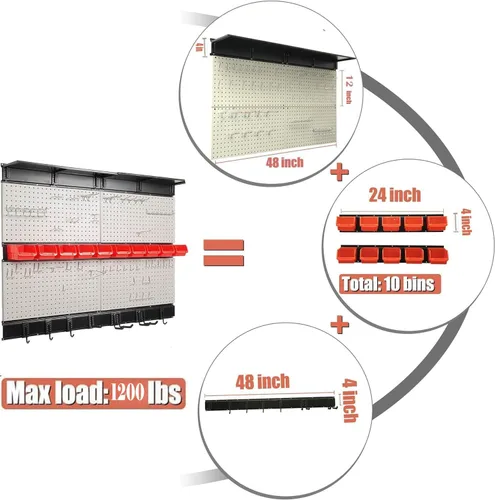 Miniatura 4 de Organizador de pared perforado Ultrawall, tablero de clavijas de 48 X 36 pulgadas para almacenamiento de garaje con ganchos, contenedores de Gris