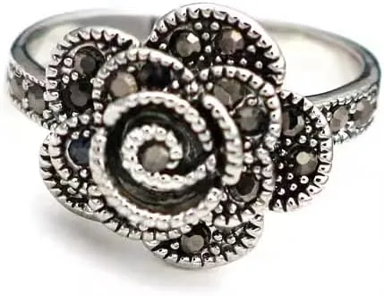 Miniatura 7 de Anillo de declaración de flores de diamantes de imitación negro vintage para mujer