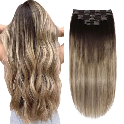 Miniatura 14 de XDhair Extensiones de cabello humano Remy con pinzas, color marrón medio #4, mezclado con rubio caramelo #27, 3.53 oz, 6