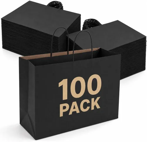 GSSUSA Bolsas de papel grandes con asas 16x6x12, paquete de 100, bolsa de regalo para pequeñas empresas, bolsa de papel para compras, para despensa,