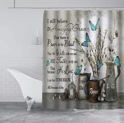 Miniatura 4 de Namdeva Cortina de ducha rústica de granja, diseño de mariposa azul, flores de algodón blanco, citas inspiradoras, estilo shabby chic, decoración