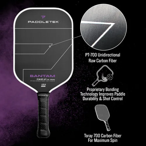 Miniatura 5 de Paddletek Bantam TKO-C - Paletas de pickleball de 0.563 in con núcleo de panal de polímero - Fibra de carbono unidireccional - Peso torsional
