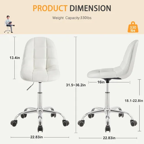 Miniatura 3 de VECELO Silla de escritorio para oficina en casa sin brazos, altura ajustable, de piel sintética PU, giratoria 360 grados con ruedas, elegante