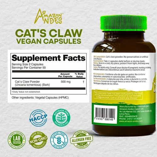 Miniatura 2 de Uña de Gato (Uncaria Tormentosa) Cápsulas l 1000 mg por porción de superalimento l Articulaciones, Partidario de sistemas inmunes y cardiovasculares