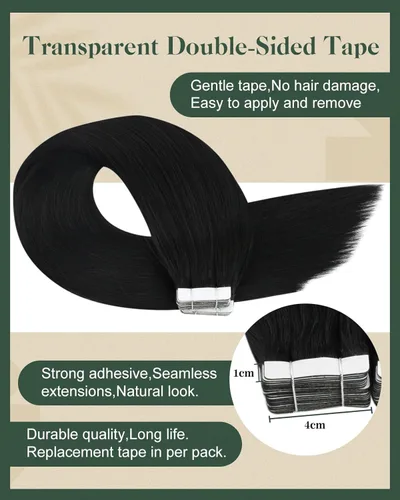 Miniatura 3 de Ugeat Extensiones de cabello humano con cinta invisible, extensiones de cabello negro con cinta, extensiones de cabello humano negro azabache