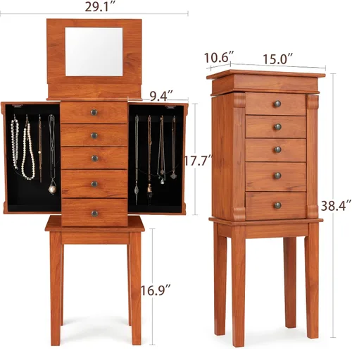 Miniatura 6 de AVAWING Armario de joyería con 5 cajones y 8 ganchos para collares, joyero organizador de pie con 2 puertas batientes laterales, espejo