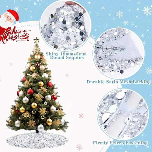 Miniatura 2 de Falda de árbol de Navidad plateada de 36 pulgadas, falda de árbol de Navidad con lentejuelas brillantes, decoraciones de Navidad con purpurina
