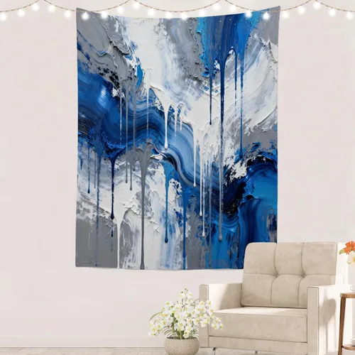 Miniatura 80 de Batmerry Tapiz azul y blanco, tapiz abstracto de pintura azul, negro, gris y blanco, para sala de estar, dormitorio, pared, decorativo, 51.2 x 59.1
