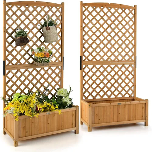 Miniatura 18 de Maceta de Jardín de Madera Giantex con Enrejado, Cama Elevada de 180 cm para Jardín, Enrejado Alto para Plantas Trepadoras y Flores, Maceta