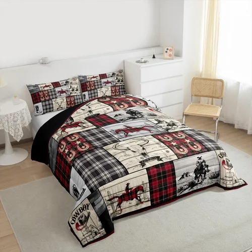 Miniatura 6 de Erosebridal Juego de edredón para niños y niñas, juego de ropa de cama con estampado de vaquero, diseño de granja, a cuadros, caballo y vaca