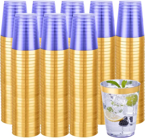 Miniatura 18 de Supernal 100 piezas de vasos de plástico azules, vasos desechables transparentes azules claros de 10 onzas con borde dorado, vasos de plástico