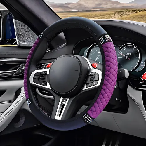 Miniatura 11 de ZIMISI Funda de volante de cuero suave con diamantes brillantes, protector de volante antideslizante de 15" con cristales brillantes para automóvil