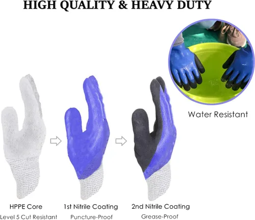 Miniatura 4 de Guantes de jardinería duraderos, guantes de jardín de nitrilo resistentes, doble capa (M, 2 pares azul)