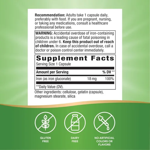 Miniatura 5 de Nature's Way Hierro, promueve glóbulos rojos saludables*, 18 mg de gluconato de hierro por porción, sin gluten, 100 cápsulas