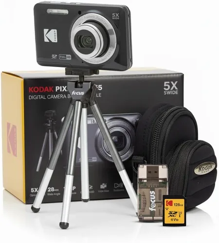 Kodak PIXPRO FZ55 Cámara digital (negro) Zoom amigable con tarjeta SD de 128 GB, lector de tarjetas, trípode y bolsa (5 artículos)