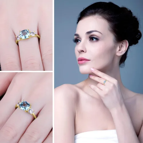 Miniatura 4 de JewelryPalace Anillo de compromiso de plata de ley 925 de topacio azul genuino de 2.6 quilates de corte cojín para ella, de oro blanco de 14