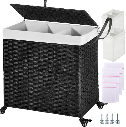 Greenstell Cesta para ropa sucia con ruedas y tapa, 130 L, cesta grande de 3 secciones con 2 tipos de bolsas de forro extraíbles, 5 bolsas de malla