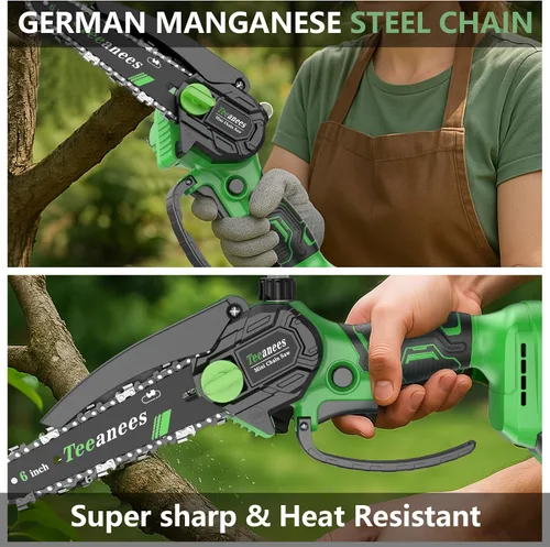 Miniatura 6 de Mini motosierra inalámbrica, pequeña motosierra eléctrica de 6 pulgadas con batería de 21 V y 3 cadenas, motosierra de mano alimentada por batería